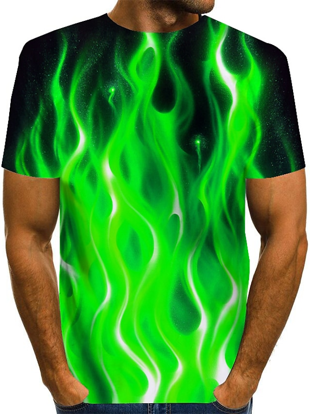  Men's Shirt T shirt Tee Graphic Flame Round Neck Blue Purple Orange Green Daily Short Sleeve Print Clothing Apparel Exaggerated Basic