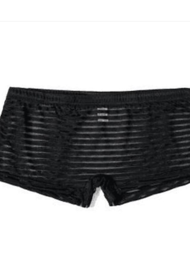  Men's Boxer Briefs Underwear Mesh Striped Nylon Mid Waist Super Sexy White Black Purple M L XL