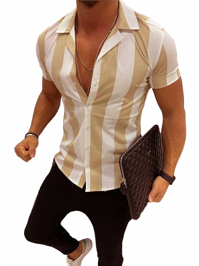  Men's Shirt Striped Print Short Sleeve Casual Tops Basic Streetwear Black Yellow Orange