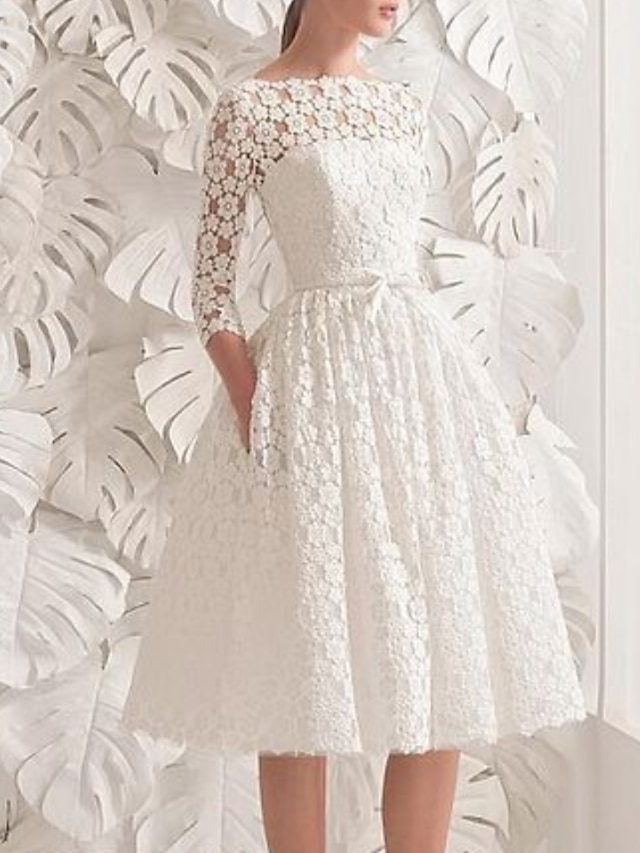  Reception Vintage 1940s / 1950s Simple Wedding Dresses Wedding Dresses A-Line Illusion Neck 3/4 Length Sleeve Tea Length Lace Bridal Gowns With Appliques 2024