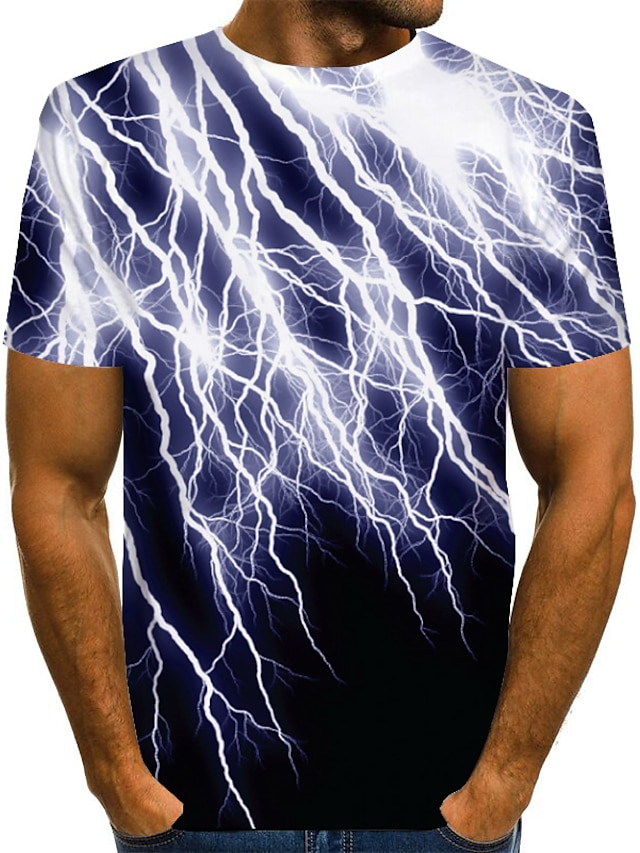  Lightning Strikes Mens Graphic Shirt Tee Abstract Round Neck Green Purple Yellow White Daily Short Sleeve Print Clothing Apparel Basic Exaggerated T-Shirt Casual Blue Cotton