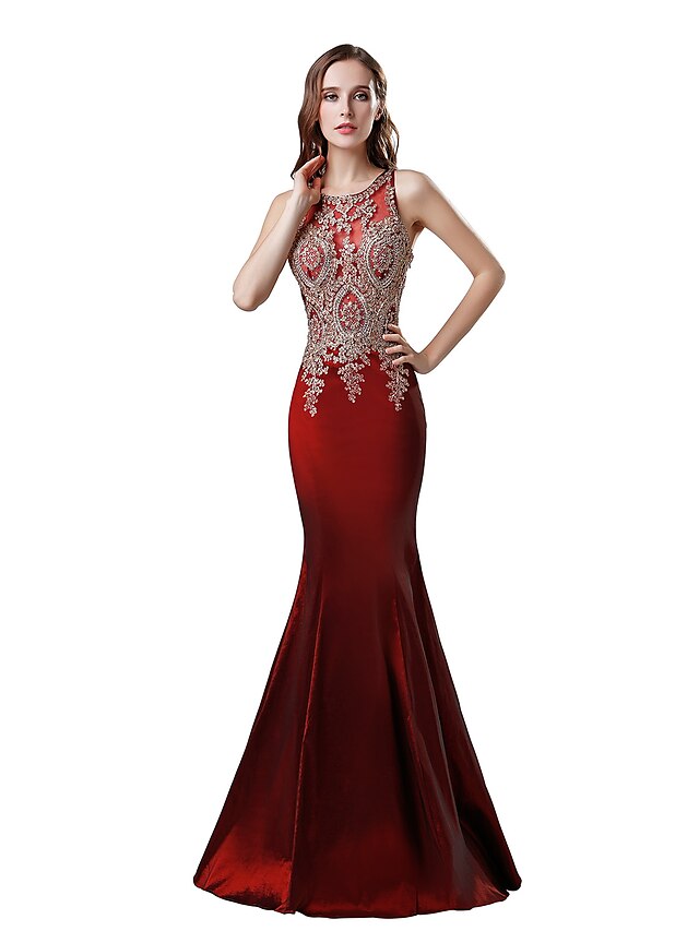  Mermaid / Trumpet Glittering Elegant Engagement Formal Evening Dress Jewel Neck Sleeveless Floor Length Taffeta with Crystals Appliques 2021