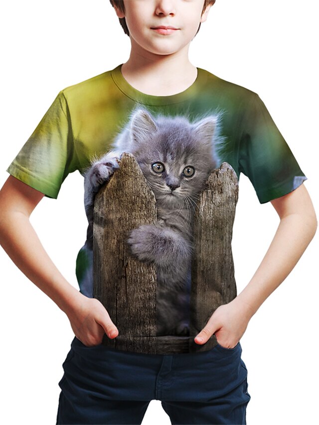  Barn Småbarn Pojkar T-shirt Kortärmad Katt 3D Djur Tryck Barn Barnens Dag Blast Aktiv Streetchic Grön