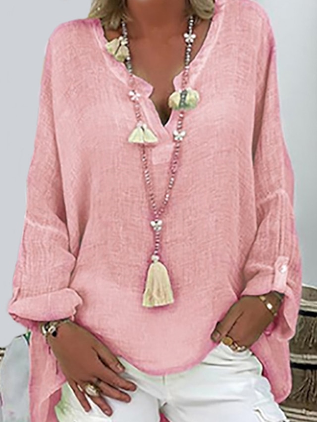  Damen Hemd Bluse Schwarz Weiß Rosa Glatt Taste Langarm Casual Strand Basic V Ausschnitt Lockere Passform S