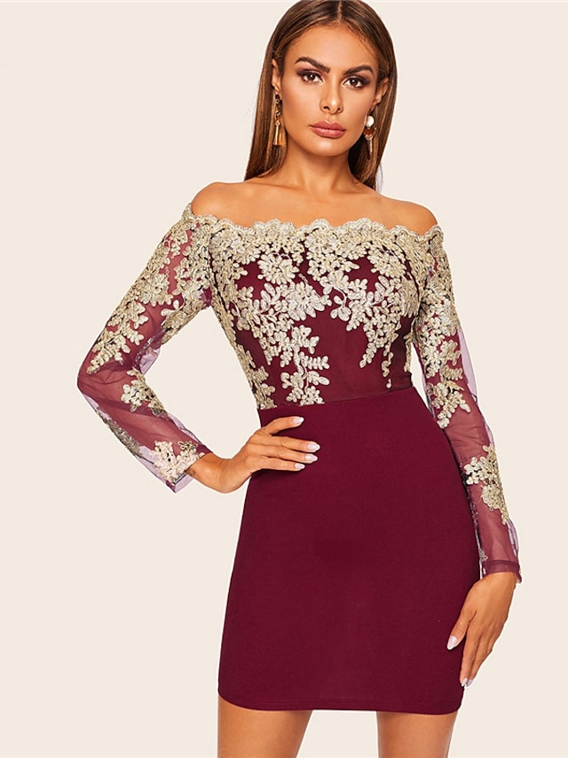 Womens Clothing Womens Dresses | Womens Sheath Dress Short Mini Dress Wine Long Sleeve Solid Color Geometric Embroidered Lace Fa