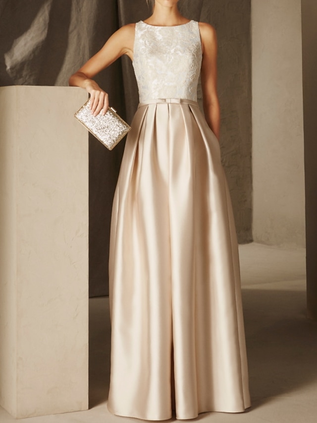  a-line festklänning empire elegant bröllopsgäst formell aftonklänning juvelhals ärmlös golvlång satin med skärp / bandveck applikationer 2024