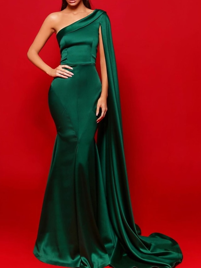  Sheath / Column Evening Gown Beautiful Back Dress Party Wear Formal Evening Court Train Sleeveless One Shoulder Stretch Satin with Pleats 2023