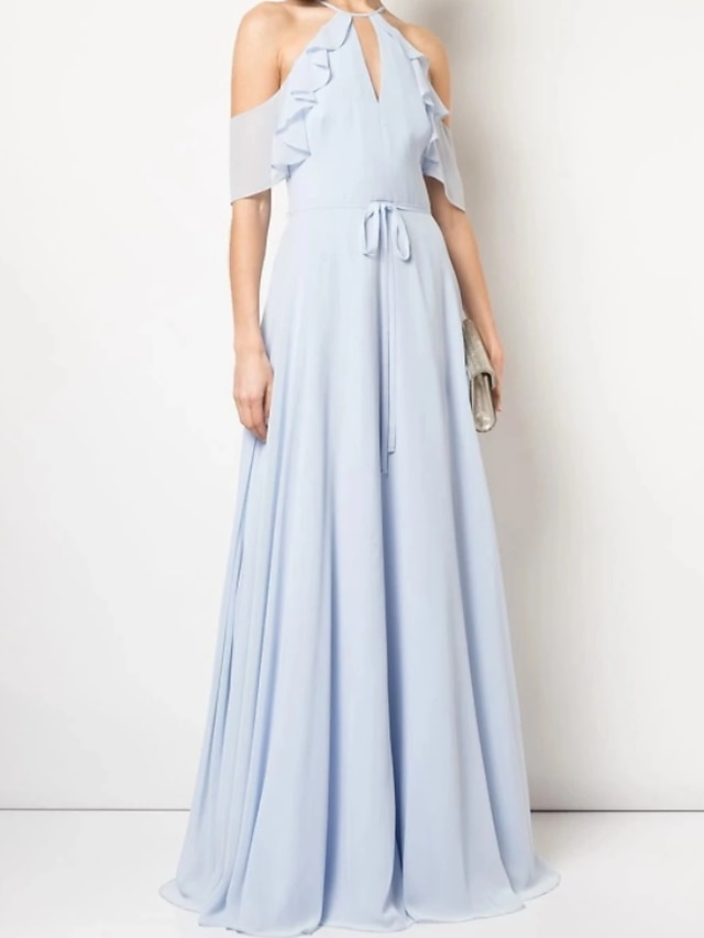  A-Line Bridesmaid Dress Halter Neck Sleeveless Elegant Floor Length Chiffon with Sash / Ribbon / Pleats 2022 / Open Back