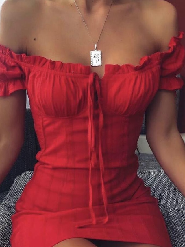 Women's Holiday Dress Sheath Dress Mini Dress Red Pure Color Short Sleeve Summer Spring Patchwork Sexy Off Shoulder Slim 2023 S M L XL