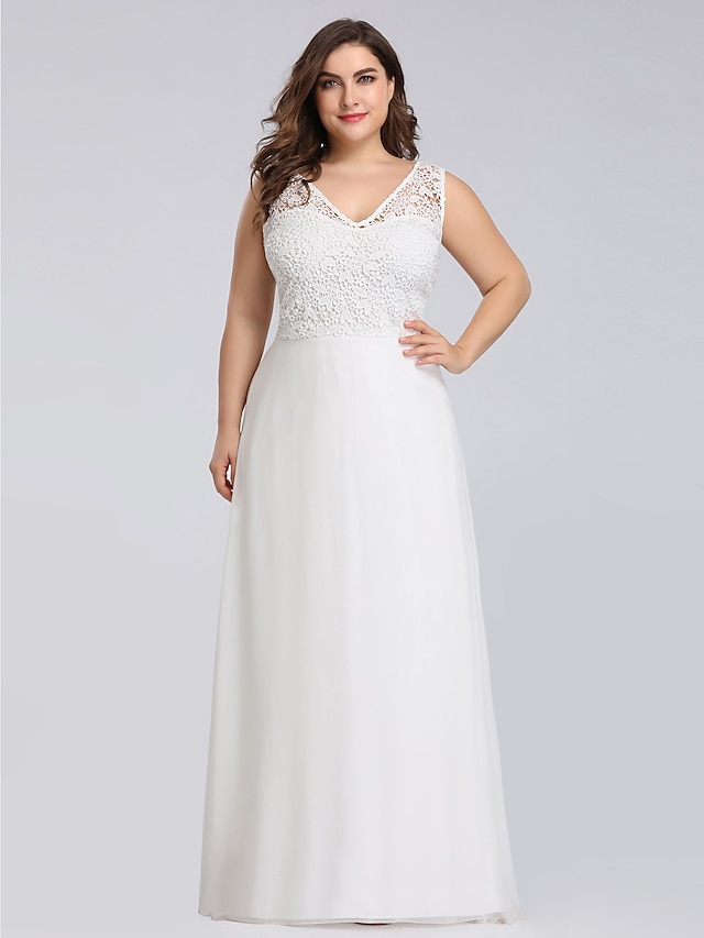  A-Line Plus Size White Engagement Formal Evening Dress V Neck V Back Sleeveless Floor Length Lace with Lace Insert Appliques 2022