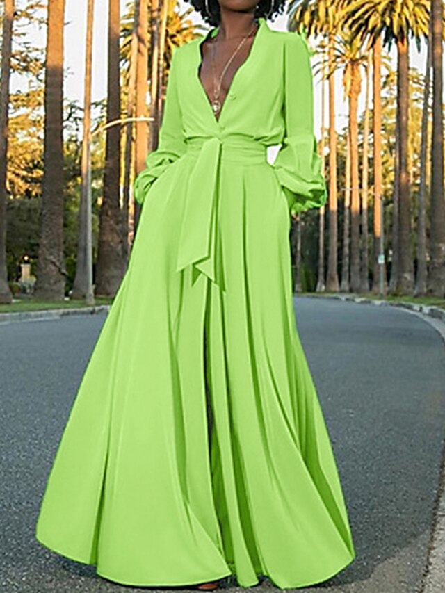  Women's A Line Dress Maxi long Dress Green Long Sleeve Solid Colored Deep V Streetwear S M L XL XXL
