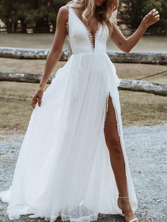 Beach Wedding Dresses A-Line V Neck Sleeveless Floor Length Tulle ...