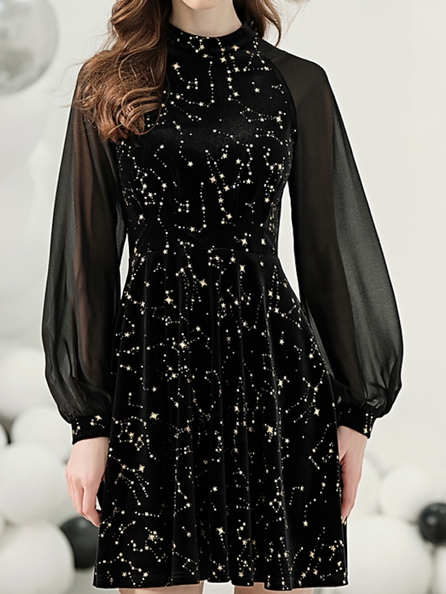  A-Line Little Black Dress Elegant Party Wear Cocktail Party Dress Jewel Neck Long Sleeve Short / Mini Jersey with Pattern / Print 2021