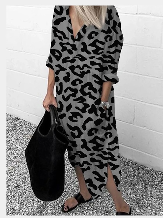 Womens Clothing Womens Dresses | Womens T Shirt Dress Tee Dress Midi Dress White Gray Brown Long Sleeve Leopard Split Print Summ