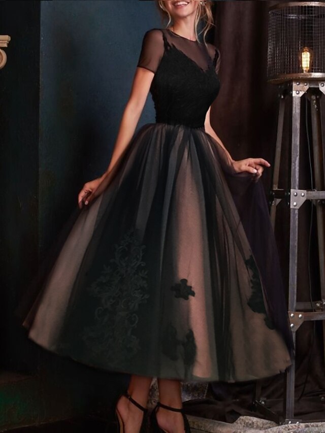 A-Line Evening Gown Elegant Dress Wedding Guest  Ankle Length Short Sleeve Illusion Neck Lace with Pleats Embroidery3