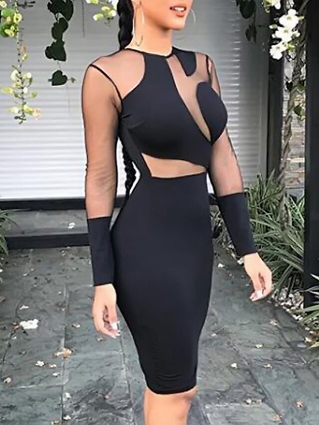  Women's Bodycon Knee Length Dress Black Blue Wine Long Sleeve Solid Colored Round Neck Basic Hot S M L XL