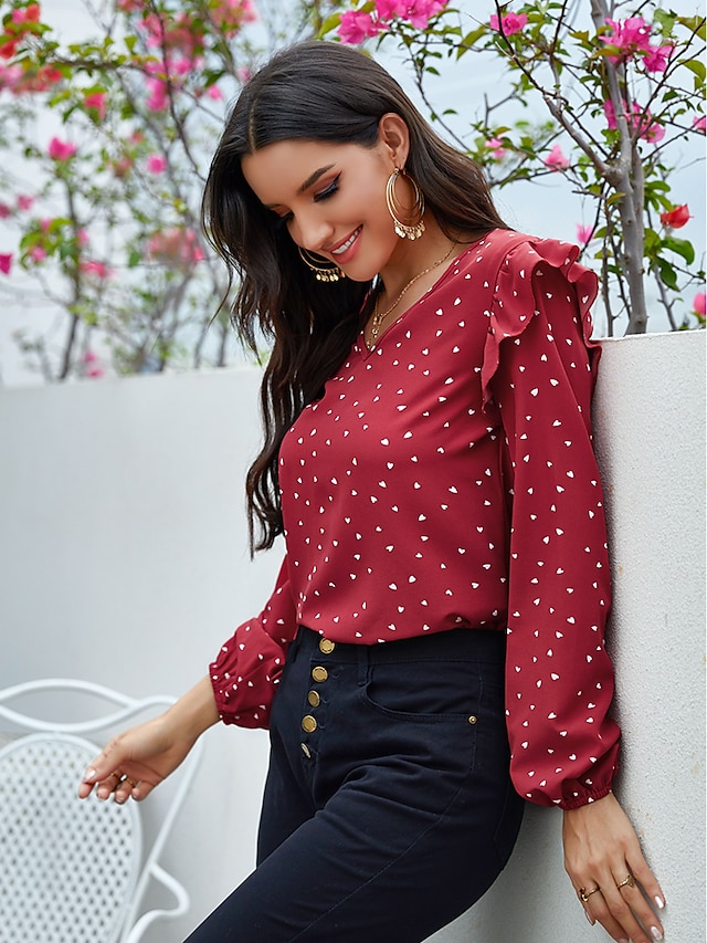  Women's Blouse Shirt Polka Dot Long Sleeve Ruffle V Neck Tops Basic Basic Top Red