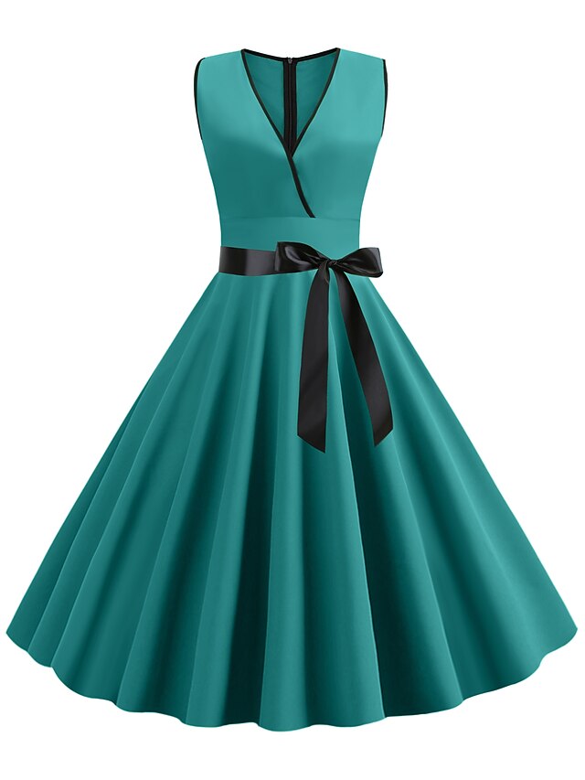  Γυναικεία Μίντι φόρεμα Πράσινο του τριφυλλιού Μαύρο Ανθισμένο Ροζ Αμάνικο Μονόχρωμες Φιόγκος Άνοιξη Καλοκαίρι Λαιμόκοψη V Δεκαετία του 1950 Τ M L XL XXL