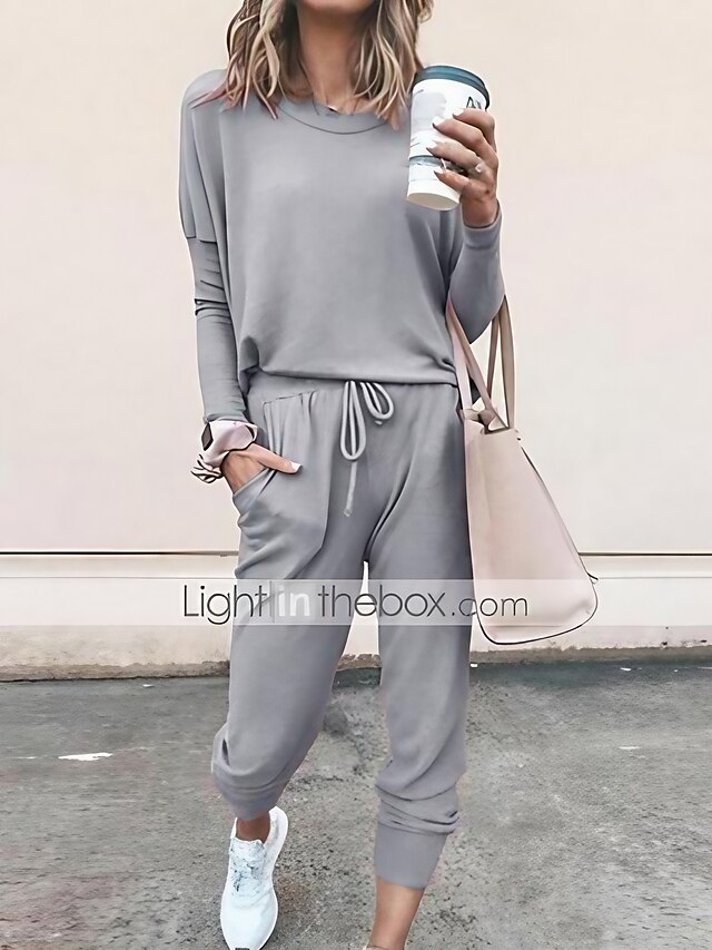  Per donna maglietta Tuta da ginnastica Completi di pantaloni Liscio Tinta unita Nero Grigio chiaro Grigio scuro 2 pezzi Manica lunga Standard Autunno inverno