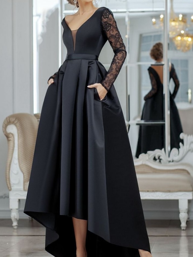  večerní šaty A-line černé šaty vintage halloween svatební host asymetrický dlouhý rukáv, výstřih, satén se záhyby krajková vsadka 2024
