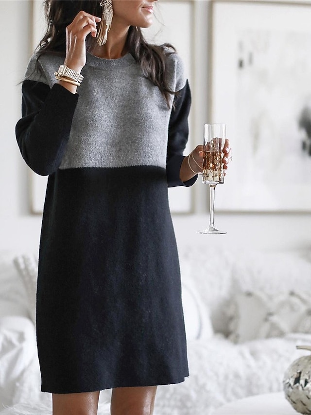 Women's Sweater Jumper Dress Knee Length Dress Wine Army Green Black Brown Navy Blue Long Sleeve Color Block Fall Winter Round Neck Hot Casual Going out Slim 2021 S M L XL XXL 3XL