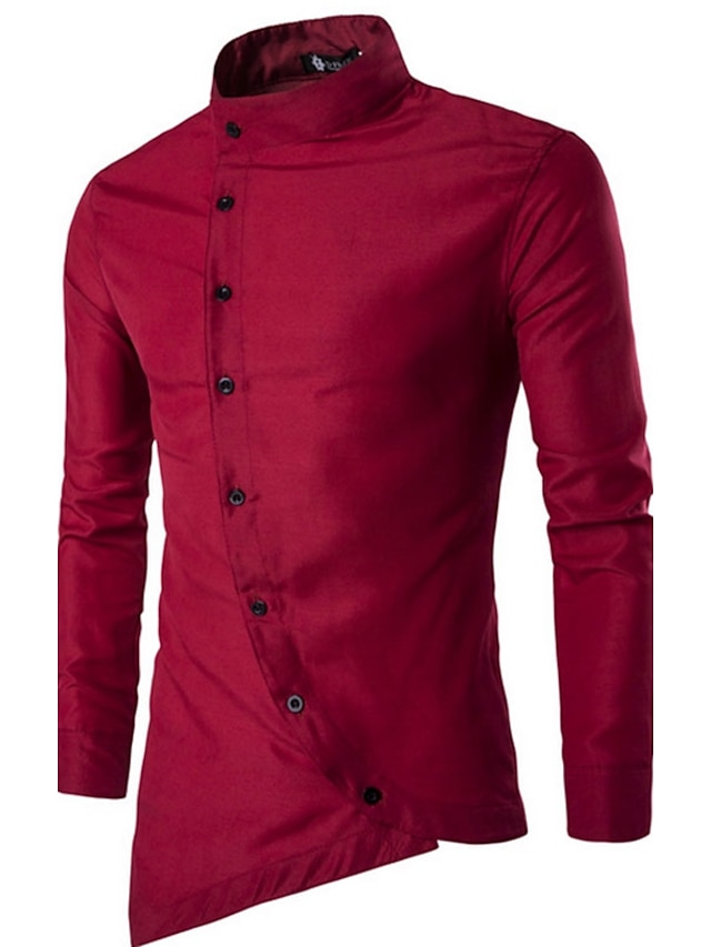  Camisa masculina gola permanente de cor sólida diária básica manga longa tops finos chinoiserie branco preto vermelho/outono/primavera camisas casuais
