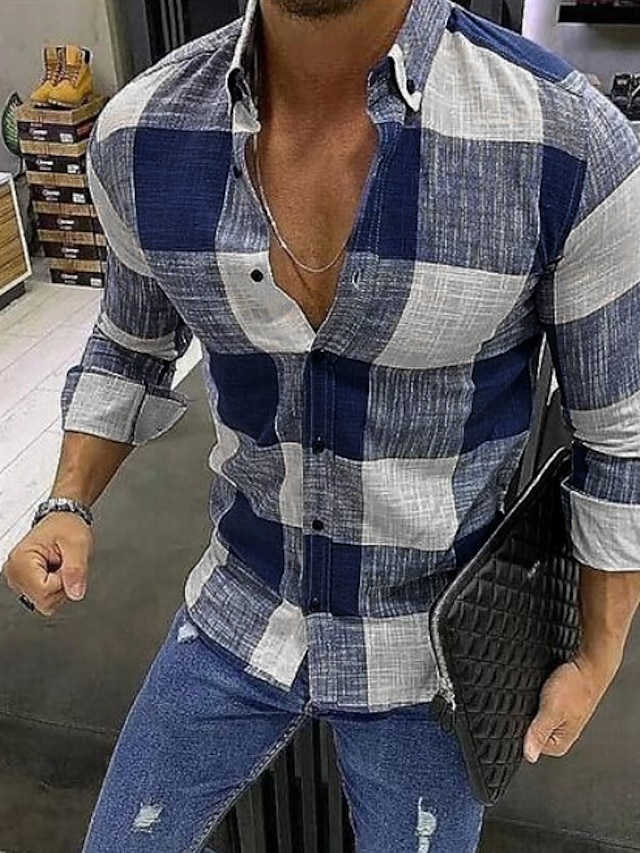 Men's Shirt Plaid Collar Daily Long Sleeve Tops Cotton Comfortable ...