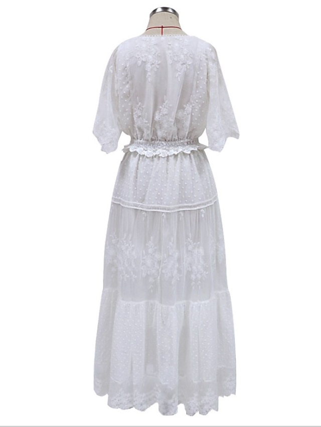 Women's Swing Dress Maxi long Dress White Short Sleeve Pure Color Lace ...