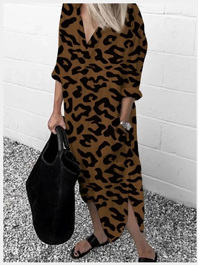 Womens Clothing Womens Dresses | Womens T Shirt Dress Tee Dress Midi Dress White Gray Brown Long Sleeve Leopard Split Print Summ