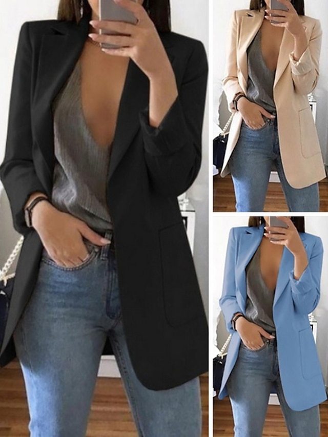  Women's Blazer Business Casual Daily Elegant & Luxurious Solid Colored Open Front Regular Fit Polyester Men's Suit Blue / Black / Khaki - Notch lapel collar / Spring