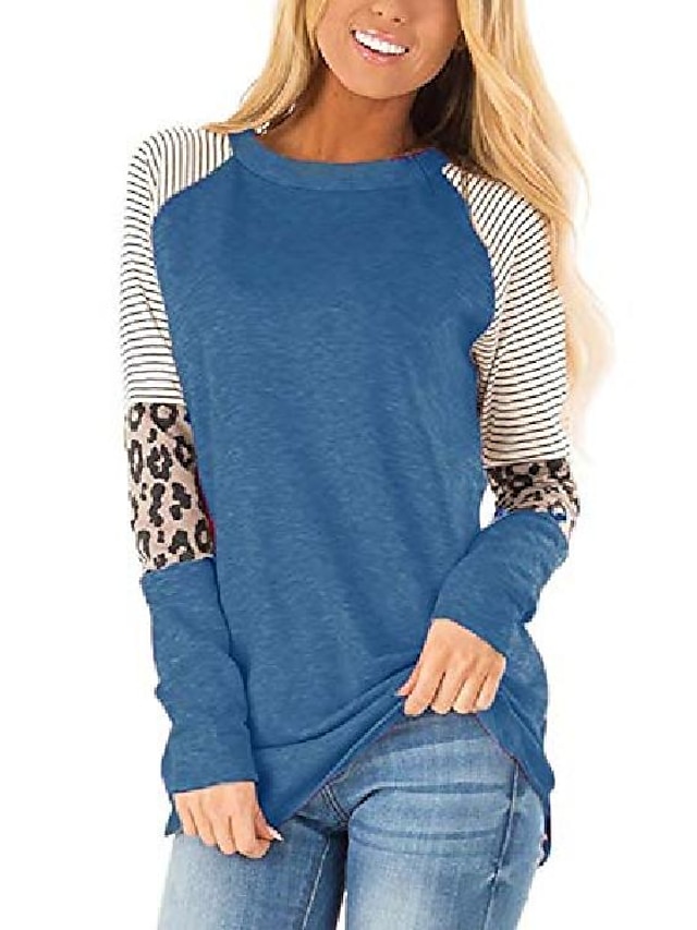  Damen Langarm T-Shirts Rundhalsausschnitt Farbe Block Leopardenmuster Streifen lässig Tunika Tops Blusen Leopard blau-s