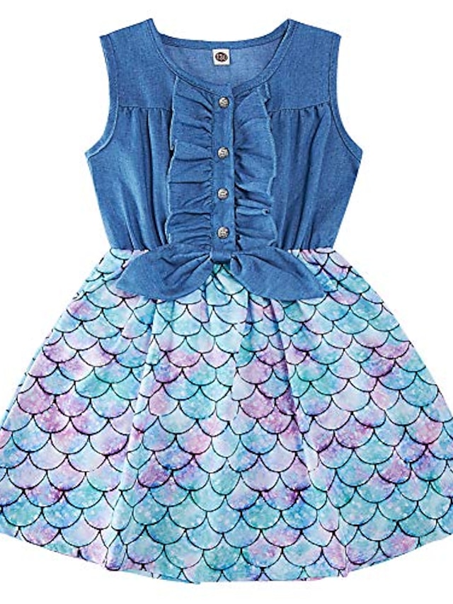  Girls princess party fish scale denim dress tops sundress mermaid splicing skirts overall outfits spring summer one-piece outfits