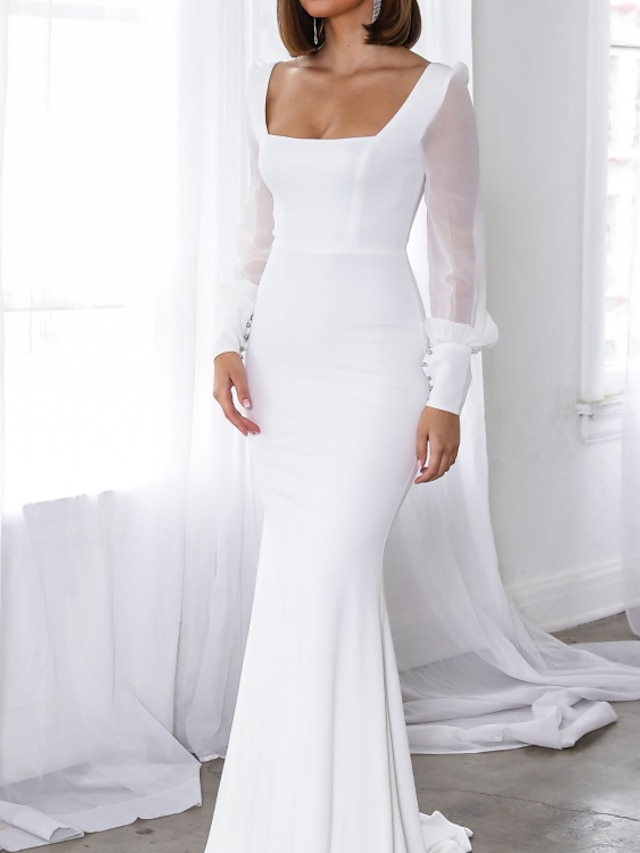  Τρομπέτα / Γοργόνα Βραδινά φορέματα Κομψό Φόρεμα Επισκέπτης γάμου Επίσημο Βραδινό Ουρά Μακρυμάνικο Λαιμός σέσουλα Σατέν με Λείος 2024