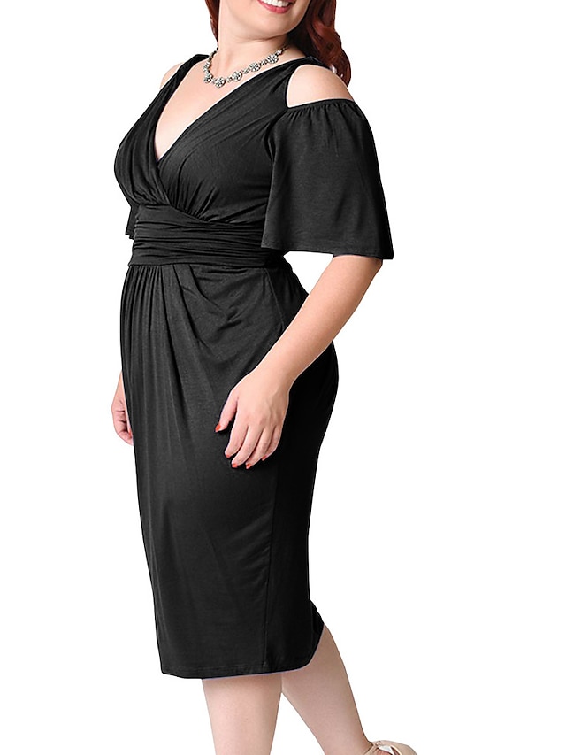 Women's Plus Size Party Dress Solid Color V Neck Ruched Short Sleeve ...