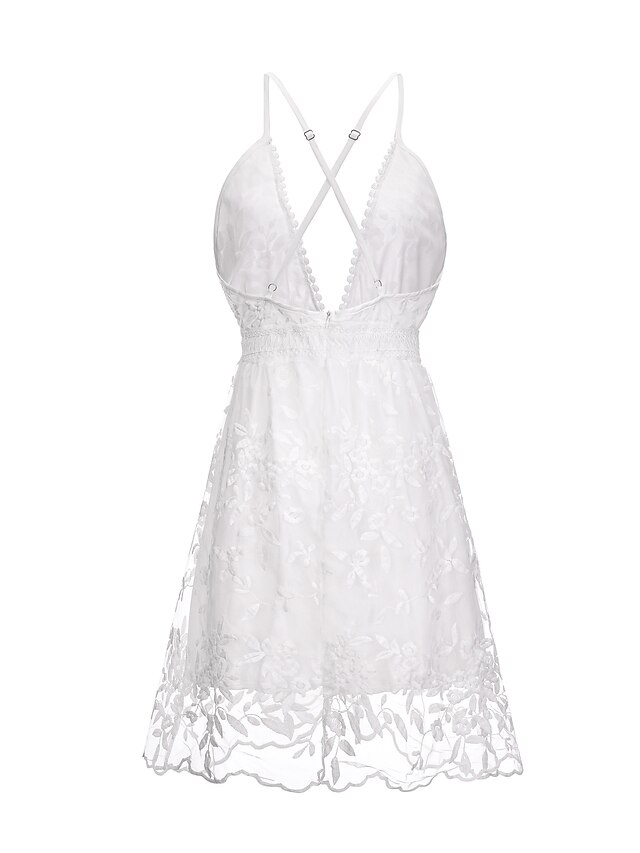 Women's A Line Dress Short Mini Dress White Sleeveless Solid Color Backless Embroidered Mesh Summer Deep V Hot Sexy 2022 S M L XL / Lace