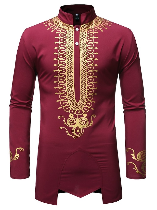 Mens Clothing Mens Shirts | Mens Traditional African Luxury Metallic Gold Printed Dashiki Shirt Wine Red Long Sleeve Party Weddi