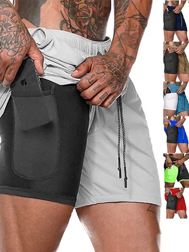  Men's 2 in 1 with Phone Pocket Compression Shorts Running Shorts Bottoms Sports Outdoor Athletic Breathable Quick Dry Moisture Wicking Fitness Gym Workout Running Sport Solid Colored Activewear Dark