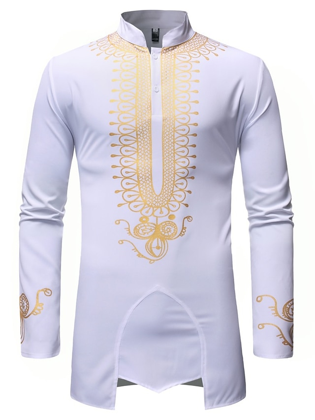 Mens Clothing Mens Shirts | Mens Traditional African Luxury Metallic Gold Printed Dashiki Shirt Wine Red Long Sleeve Party Weddi