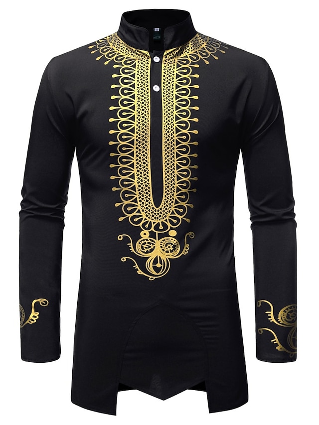 Mens Clothing Mens Shirts | Mens Traditional African Luxury Metallic Gold Printed Dashiki Shirt Wine Red Long Sleeve Party Weddi