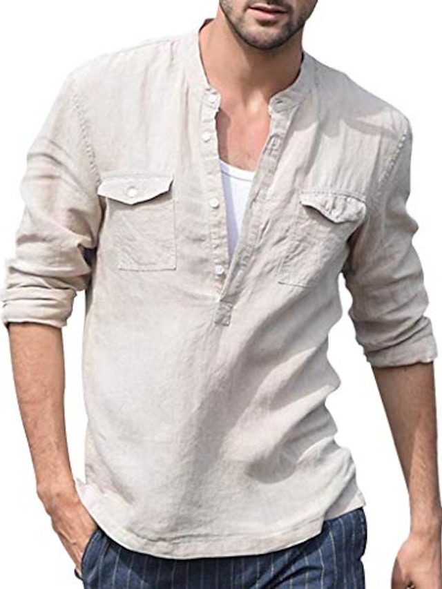 Mens Clothing Mens Shirts | Mens Shirt Collar Daily Casual Long Sleeve Tops Summer Shirts Comfortable White Black Blue Khaki - Y