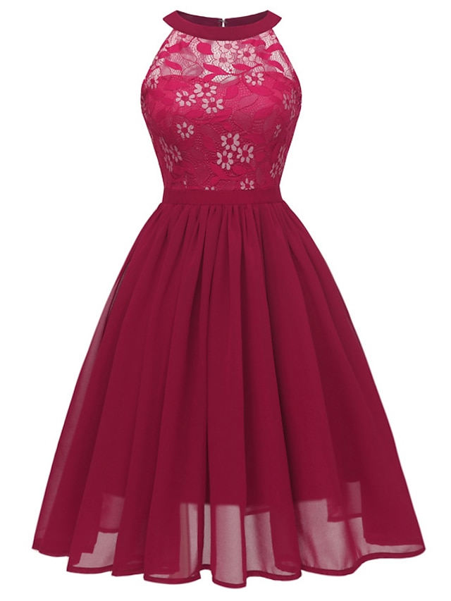  a-line cocktailkjoler minimalistisk kjole festkjole bryllupsgjest kort / mini ermeløs halterhals blonder med folder 2024