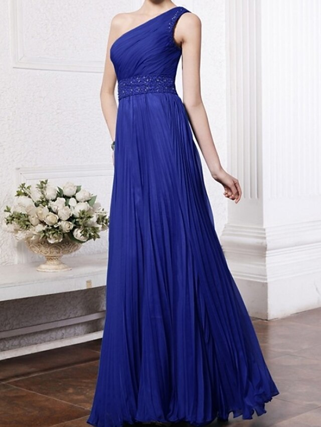 A-Line Evening Gown Elegant Dress Wedding Guest Formal Evening Floor Length Sleeveless One Shoulder Chiffon with Pleats Beading 2024
