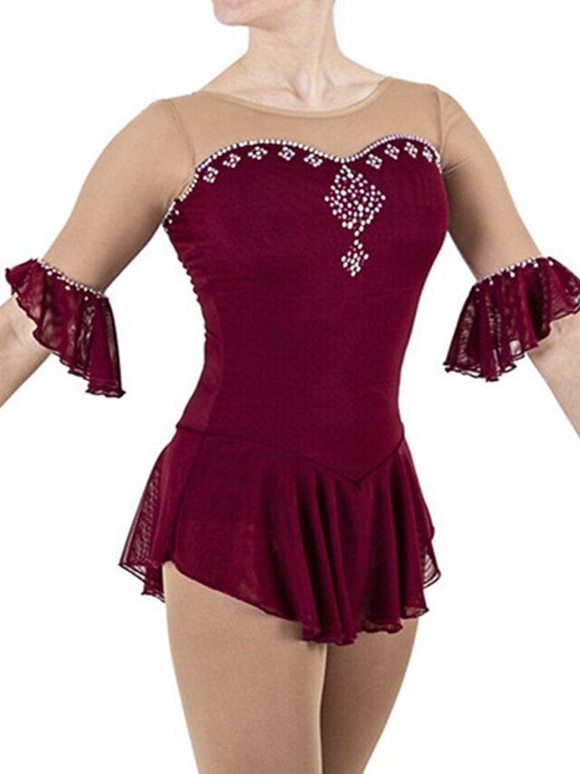 Sports & Outdoors Ice Skating | Figure Skating Dress Womens Girls Ice Skating Dress Outfits Burgundy Glitter Spandex High Elasti