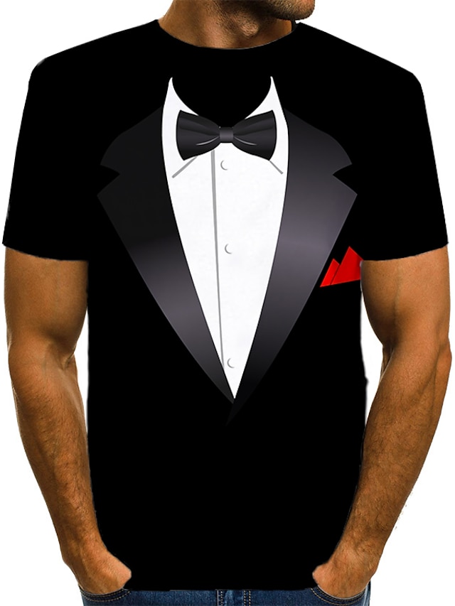  男性用 Tシャツ タキシードシャツ グラフィック ラウンドネック ブラック ホワイト イエロー ワイン ルビーレッド 3Dプリント 日常 半袖 プリント 衣類 誇張された ベーシック