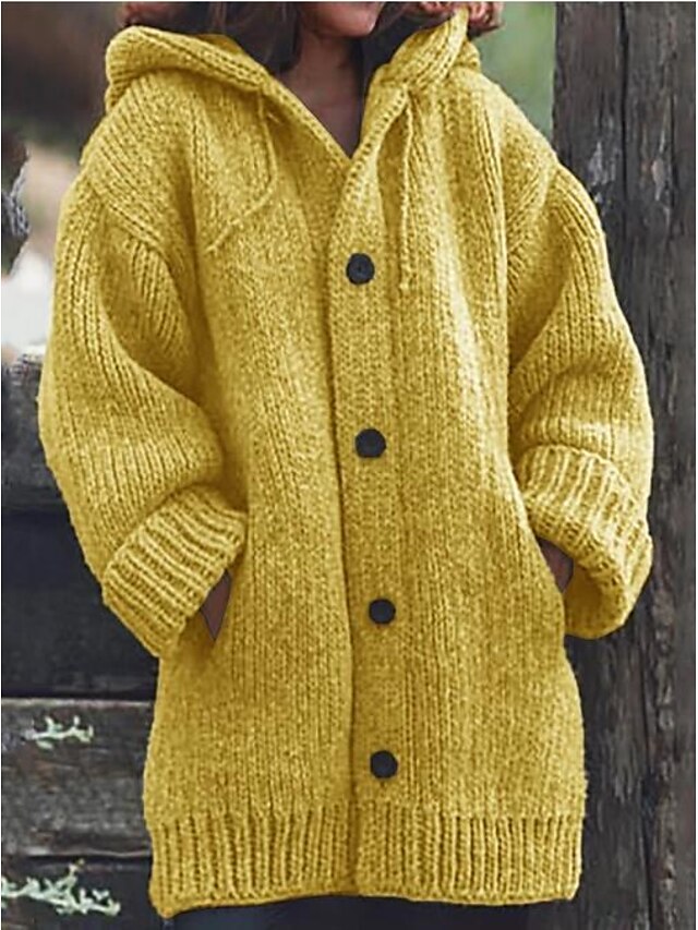  Women's Cardigan Knitted Button Solid Colored Solid Color Basic Casual Keep Warm Cotton Long Sleeve Regular Fit Loose Sweater Cardigans Hooded Fall Winter Fall & Winter Yellow / Daily / Coat