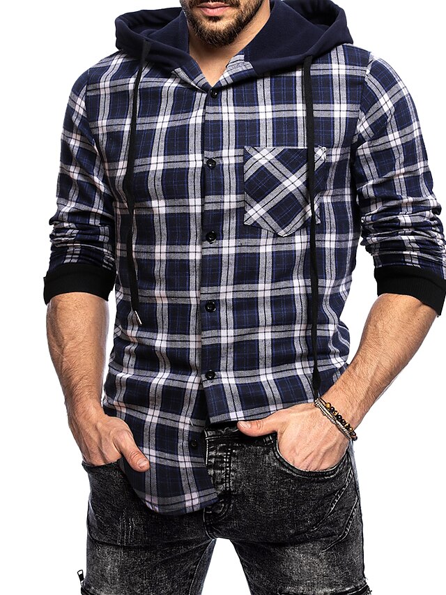  Men's Shirt non-printing Plaid Hooded Daily Long Sleeve Tops Navy Blue