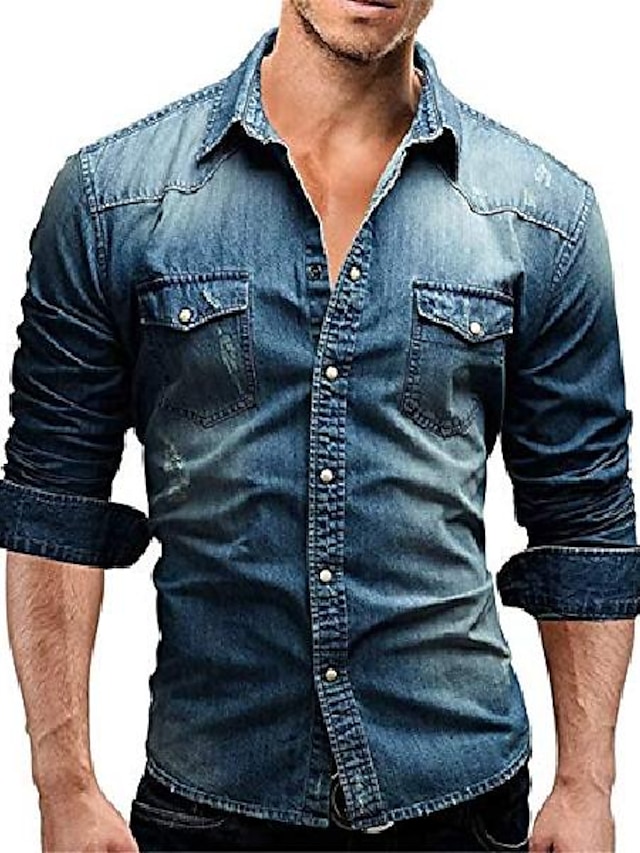 camisa de vestir casual de vaquero para hombre camisas con botones camisas  de mezclilla de manga larga camisas ajustadas (azul, s) 8201877 2023 –  $