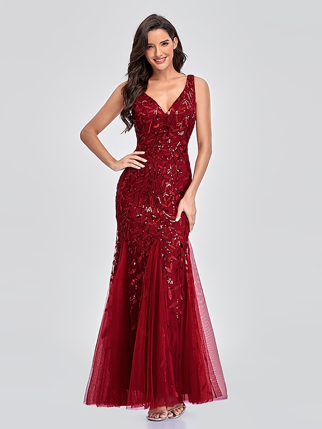  Mermaid / Trumpet Evening Gown Elegant Dress Valentine's Day Wedding Guest Floor Length Sleeveless V Neck Tulle V Back with Embroidery 2024