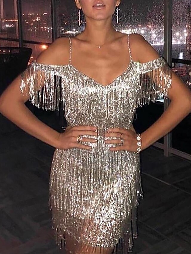 silver tassel sequin bodycon dress