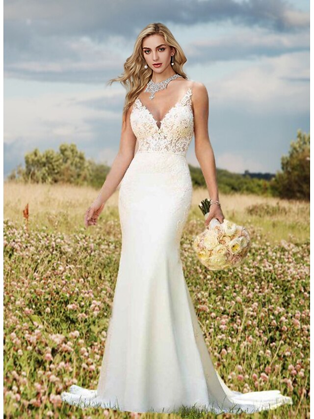  Mermaid / Trumpet Wedding Dresses V Neck Sweep / Brush Train Lace Charmeuse Regular Straps Sexy Backless with Draping Appliques 2022